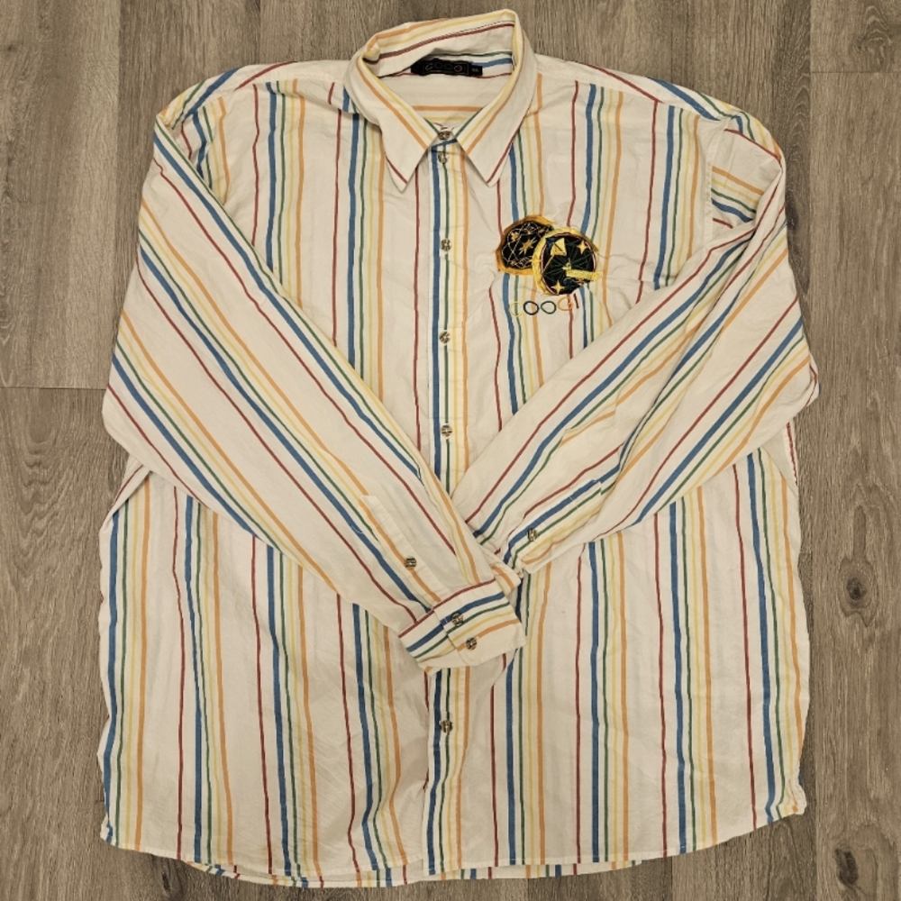 COOGI Shirt Button Down Mens 4XL Multicolor Striped Embroidered Long Sleeve